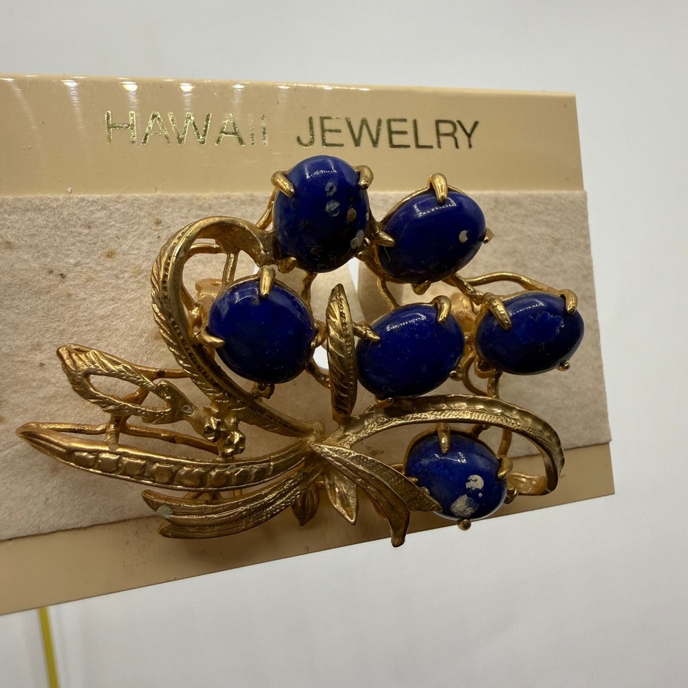 Vintage Hawaii Jewelry Gold Tone Lapis Lazuli Floral Branch‎ Brooch Pin 2.25"